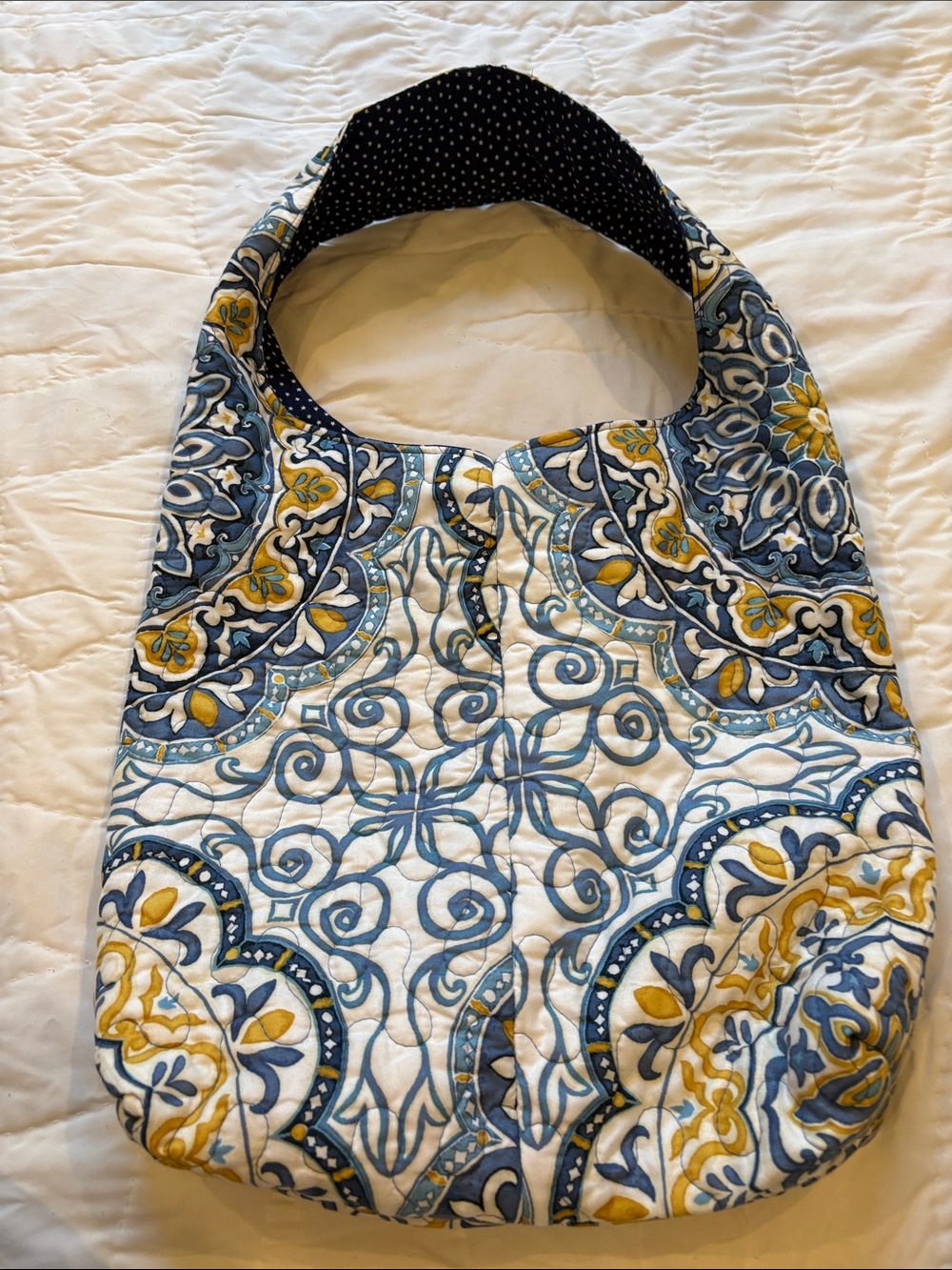 Upcycled Quilted Blue and Yellow Patterned Shoulder Bag - Picture 2 of 5